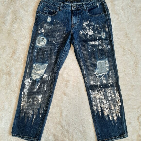 Guess Boyfriend Metallic Glitter Cropped Leg Ripped Denim Pants US26 - Picture 3 of 12